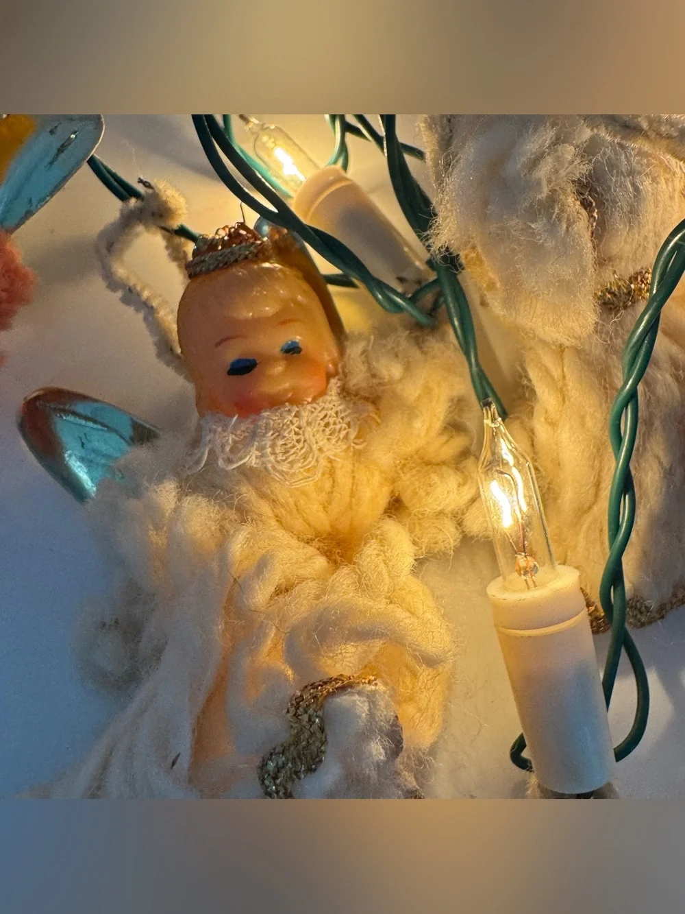 Vintage Made in Japan Angel Christmas String Lights Spun Yarn Rubber Doll Head